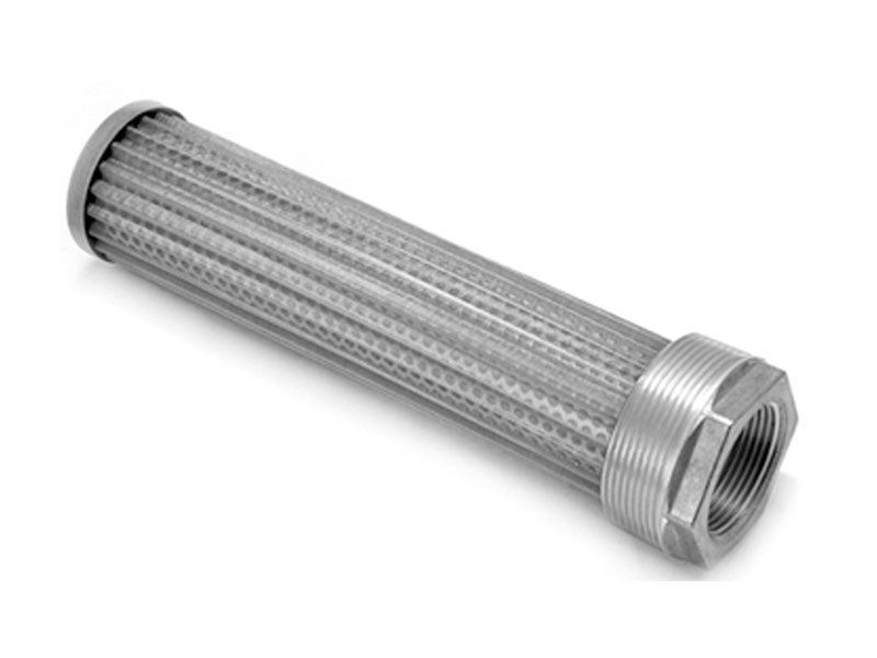 Externally mounted hydraulic tank strainer with threaded connections for easy maintenance access and high flow capacity